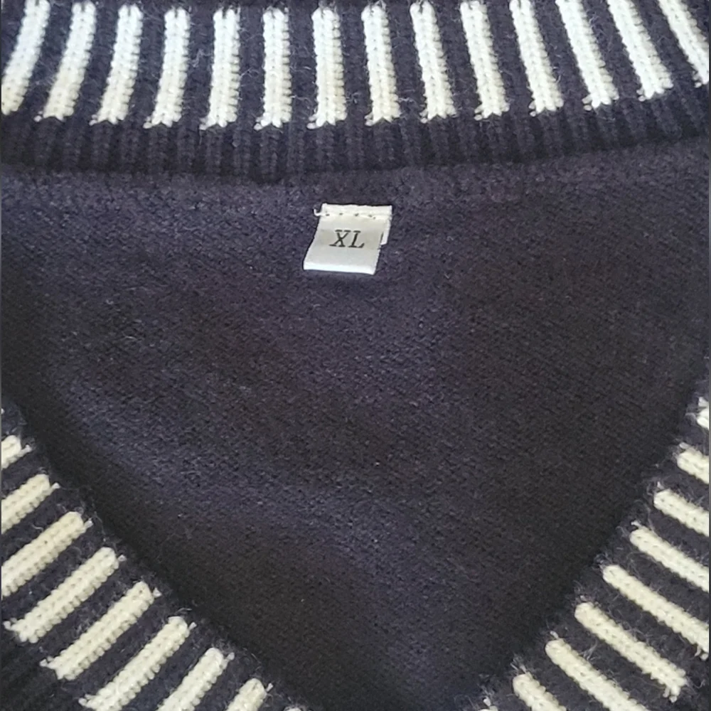 Black Long Sleeve Lightweight V-Neck Sweater with Striped Trim - NIP